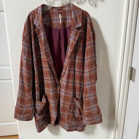 Free People Simply Plaid Blazer in Pomegranite Combo L NWOT - Picture 7 of 13